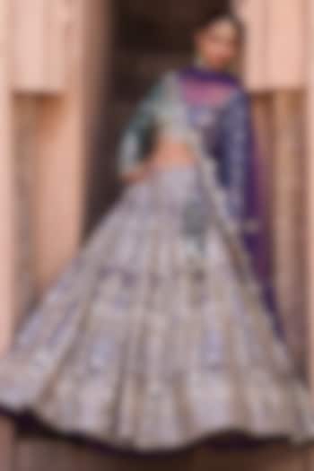 Bright Purple Raw Silk Mirror Embroidered Bridal Lehenga Set by Angad Singh at Pernia's Pop Up Shop