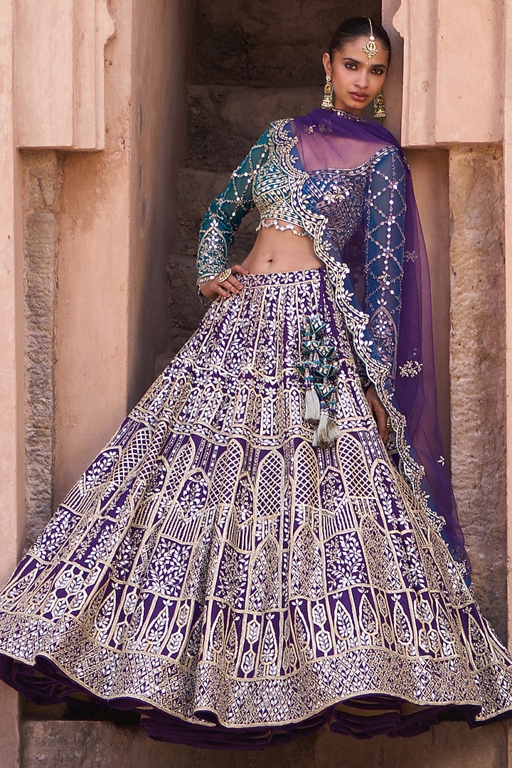 Bright Purple Raw Silk Mirror Embroidered Bridal Lehenga Set by Angad Singh at Pernia's Pop Up Shop