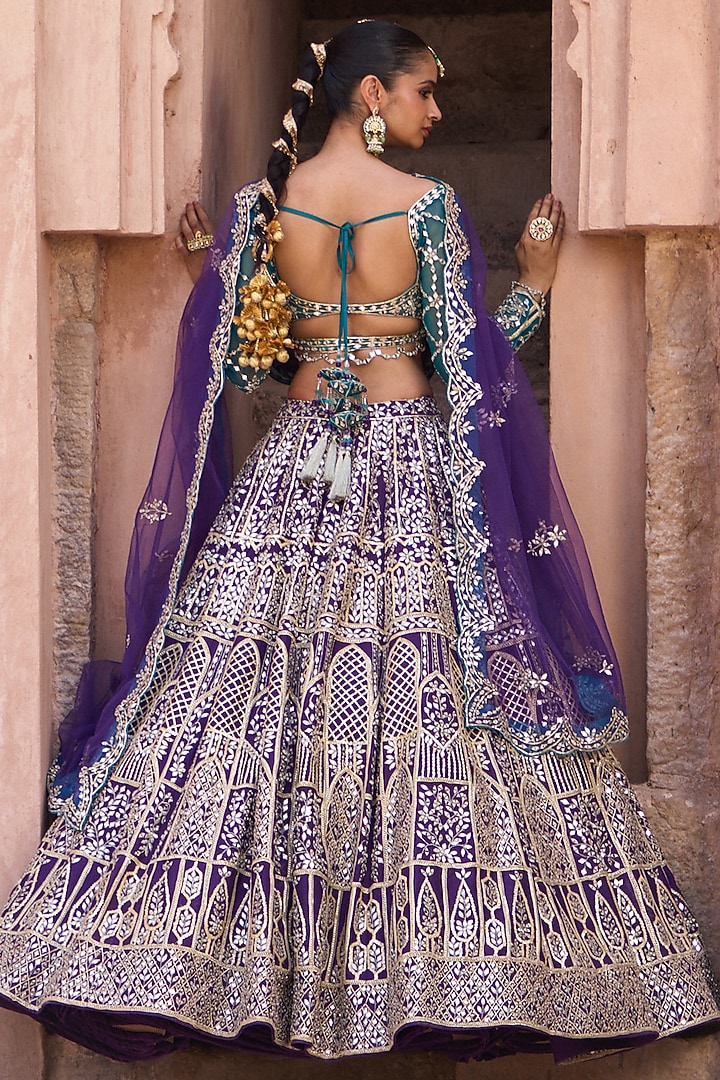 Bright Purple Raw Silk Mirror Embroidered Bridal Lehenga Set by Angad Singh at Pernia's Pop Up Shop