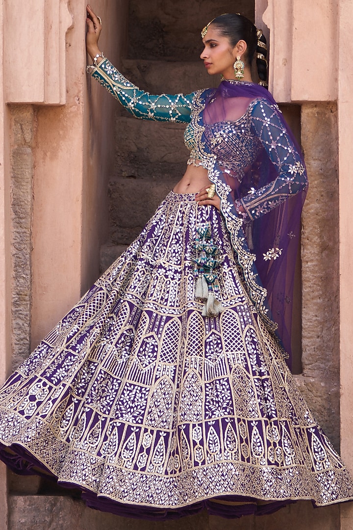 Bright Purple Raw Silk Mirror Embroidered Bridal Lehenga Set by Angad Singh at Pernia's Pop Up Shop