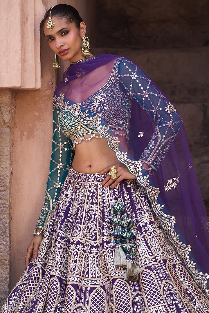 Bright Purple Raw Silk Mirror Embroidered Bridal Lehenga Set by Angad Singh at Pernia's Pop Up Shop