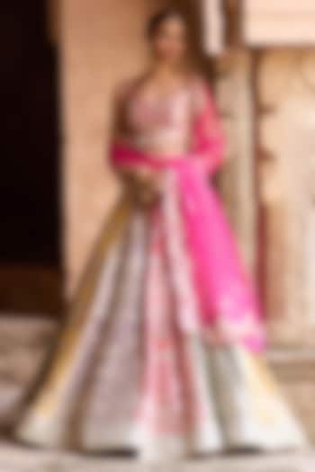 Multi-Colored Raw Silk Mirror Embroidered Bridal Lehenga Set by Angad Singh at Pernia's Pop Up Shop