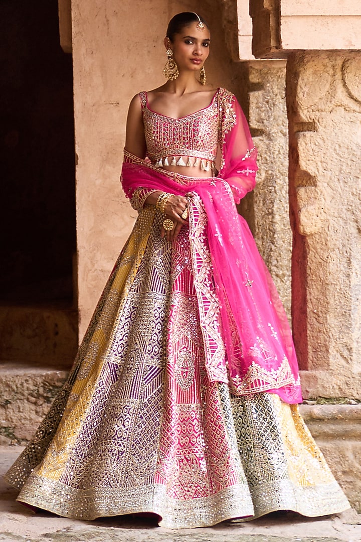 Multi-Colored Raw Silk Mirror Embroidered Bridal Lehenga Set by Angad Singh at Pernia's Pop Up Shop