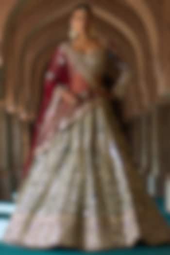 Bottle Green Raw Silk Mirror Embroidered Bridal Lehenga Set by Angad Singh at Pernia's Pop Up Shop