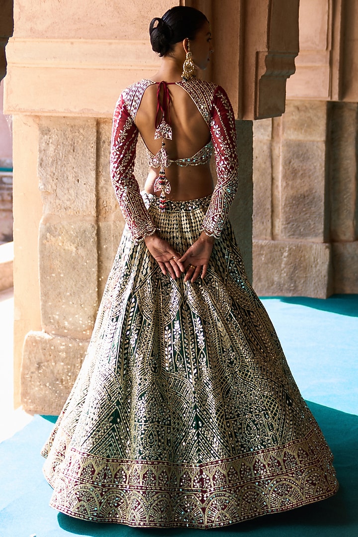 Bottle Green Raw Silk Mirror Embroidered Bridal Lehenga Set by Angad Singh at Pernia's Pop Up Shop