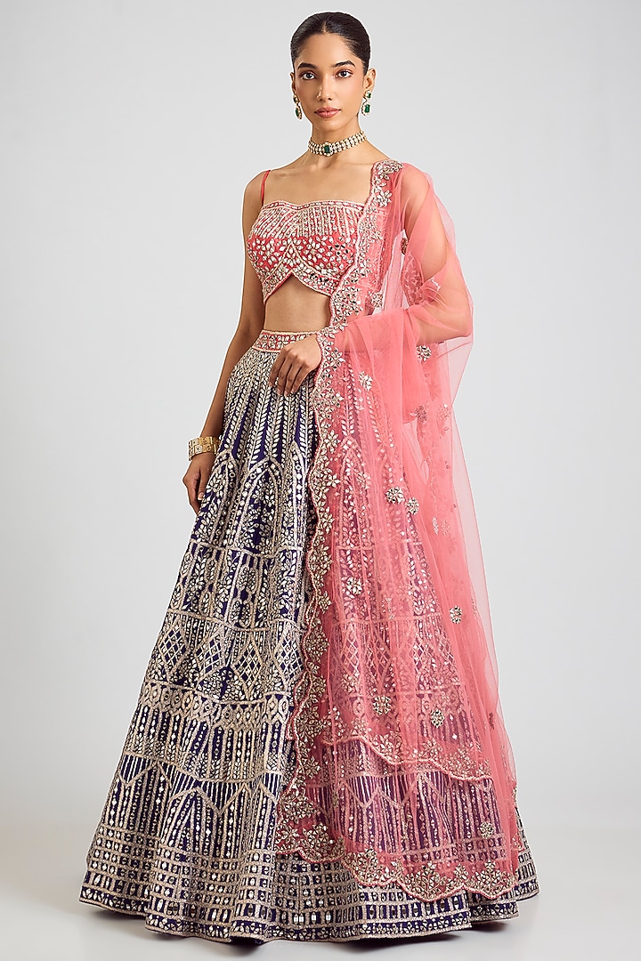 Midnight Blue Raw Silk Mirror Embroidered Bridal Lehenga Set by Angad Singh at Pernia's Pop Up Shop