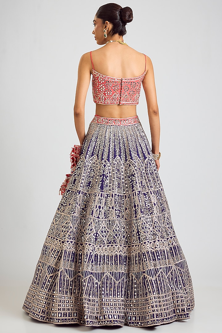 Midnight Blue Raw Silk Mirror Embroidered Bridal Lehenga Set by Angad Singh at Pernia's Pop Up Shop
