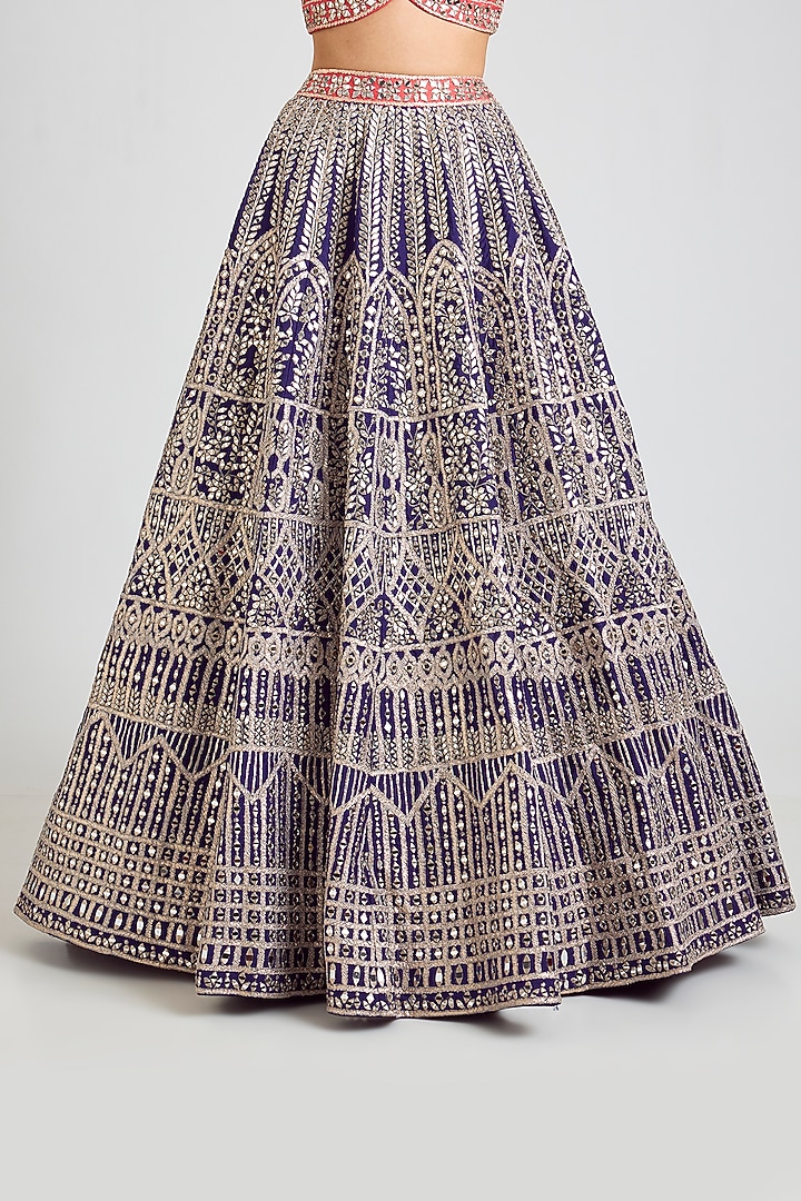 Midnight Blue Raw Silk Mirror Embroidered Bridal Lehenga Set by Angad Singh at Pernia's Pop Up Shop