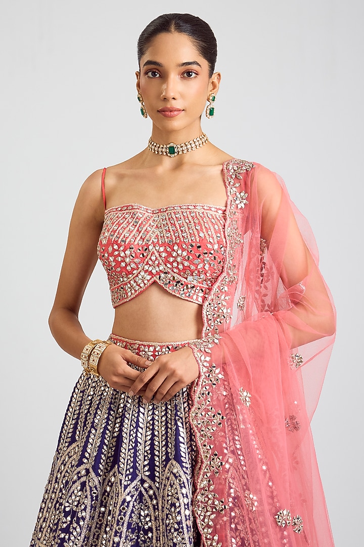 Midnight Blue Raw Silk Mirror Embroidered Bridal Lehenga Set by Angad Singh at Pernia's Pop Up Shop