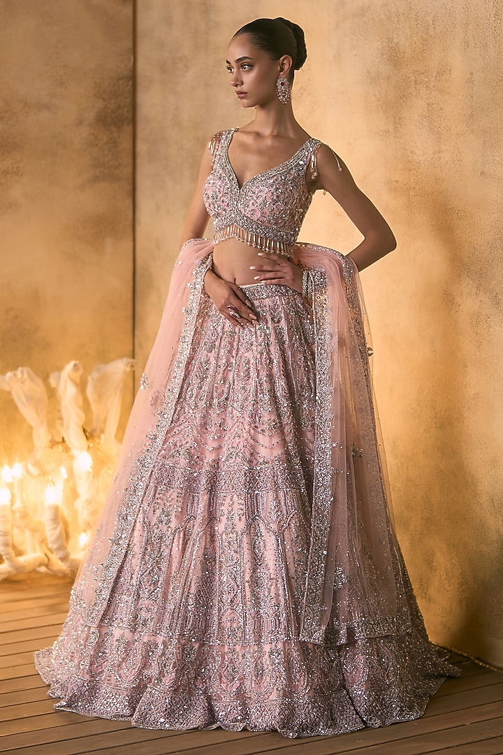Bright Pink Net Crystal Embroidered Bridal Bridal Lehenga Set by Angad Singh at Pernia's Pop Up Shop