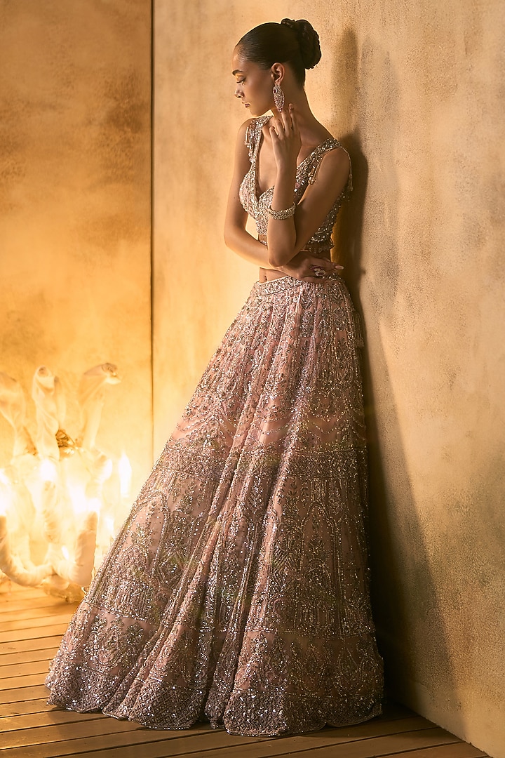 Bright Pink Net Crystal Embroidered Bridal Bridal Lehenga Set by Angad Singh at Pernia's Pop Up Shop