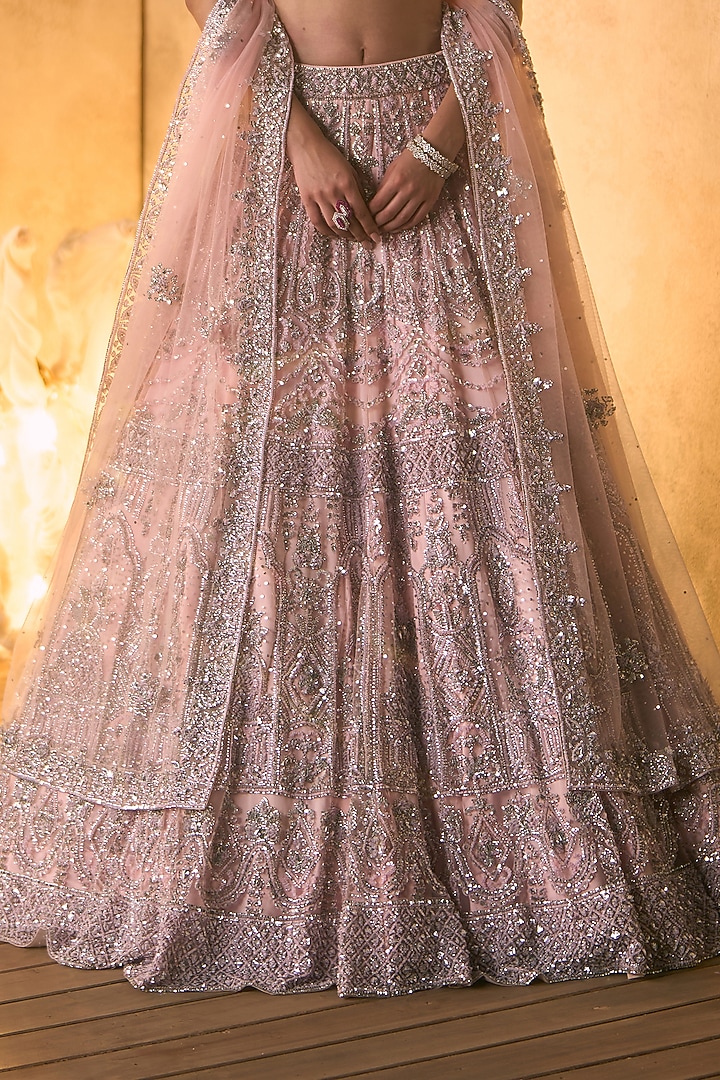 Bright Pink Net Crystal Embroidered Bridal Bridal Lehenga Set by Angad Singh at Pernia's Pop Up Shop