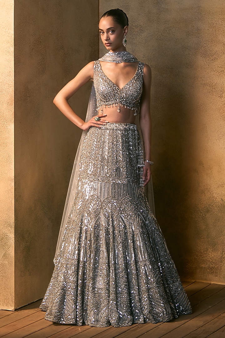 Light Grey Net Crystal Embroidered Bridal Bridal Lehenga Set by Angad Singh at Pernia's Pop Up Shop