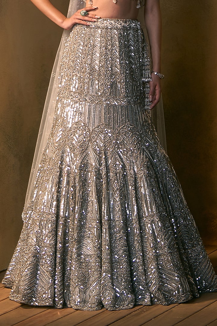 Light Grey Net Crystal Embroidered Bridal Bridal Lehenga Set by Angad Singh at Pernia's Pop Up Shop