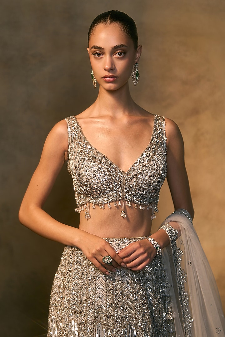 Light Grey Net Crystal Embroidered Bridal Bridal Lehenga Set by Angad Singh at Pernia's Pop Up Shop