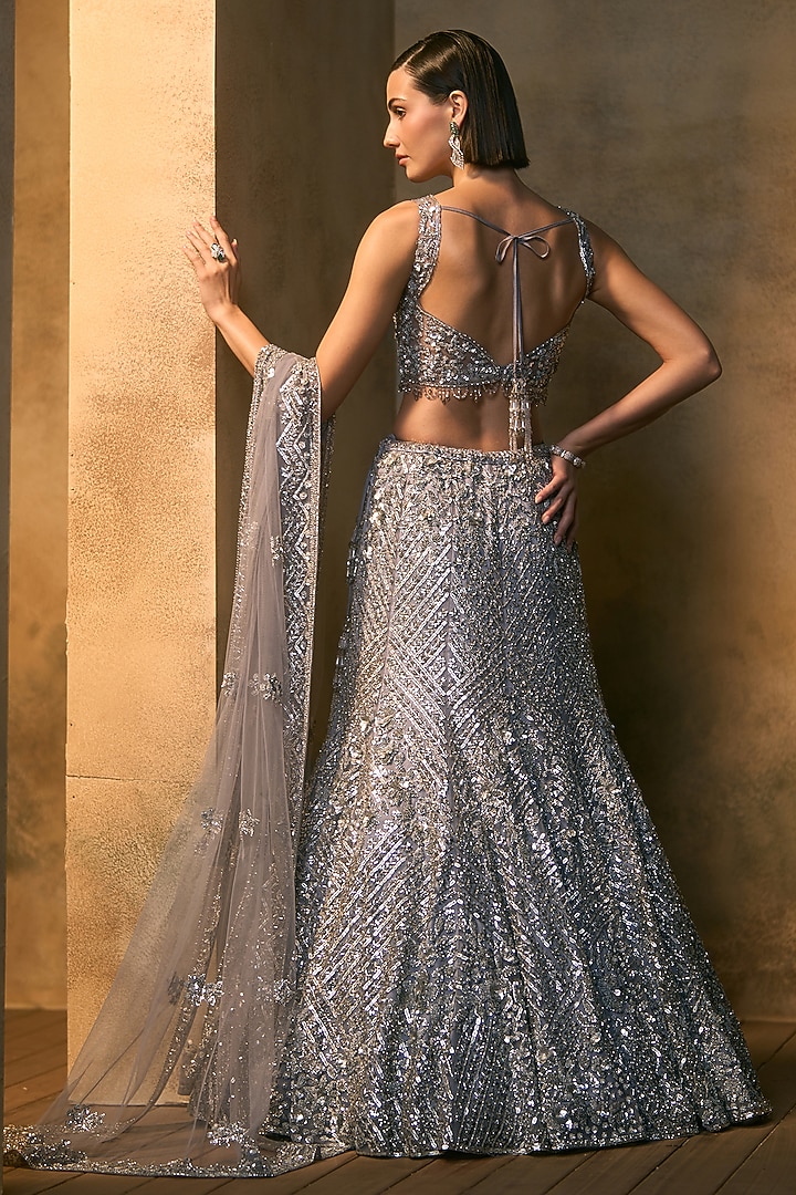 Grey Net Crystal & Sequin Embroidered Bridal Bridal Lehenga Set by Angad Singh at Pernia's Pop Up Shop