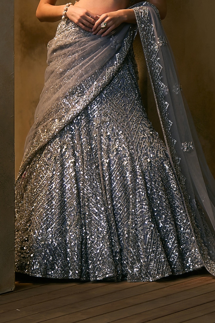 Grey Net Crystal & Sequin Embroidered Bridal Bridal Lehenga Set by Angad Singh at Pernia's Pop Up Shop