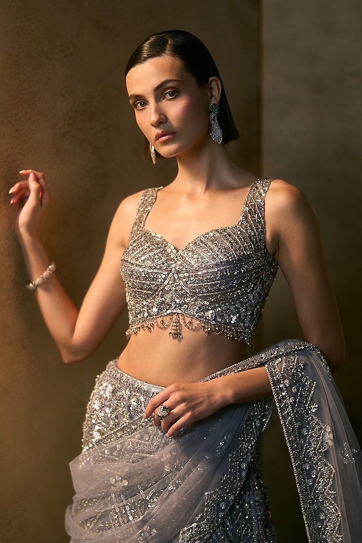Grey Net Crystal & Sequin Embroidered Bridal Bridal Lehenga Set by Angad Singh at Pernia's Pop Up Shop