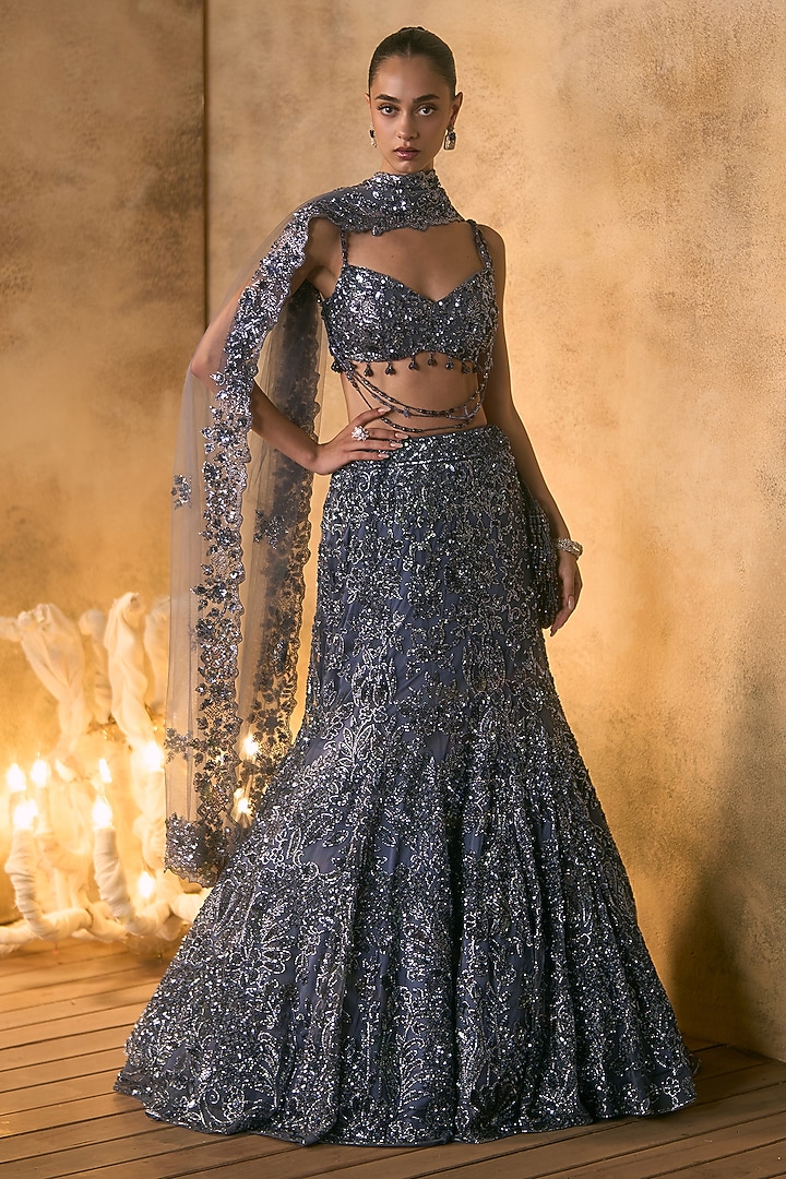Elephant Grey Net Crystal Embroidered Bridal Bridal Lehenga Set by Angad Singh at Pernia's Pop Up Shop