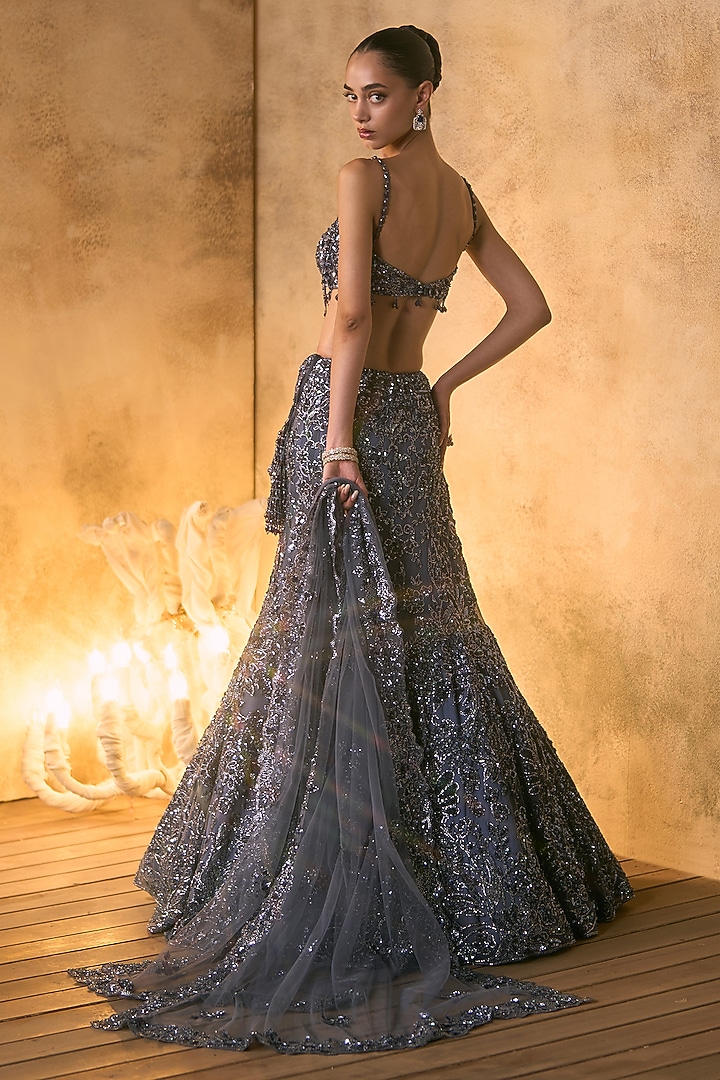 Elephant Grey Net Crystal Embroidered Bridal Bridal Lehenga Set by Angad Singh at Pernia's Pop Up Shop