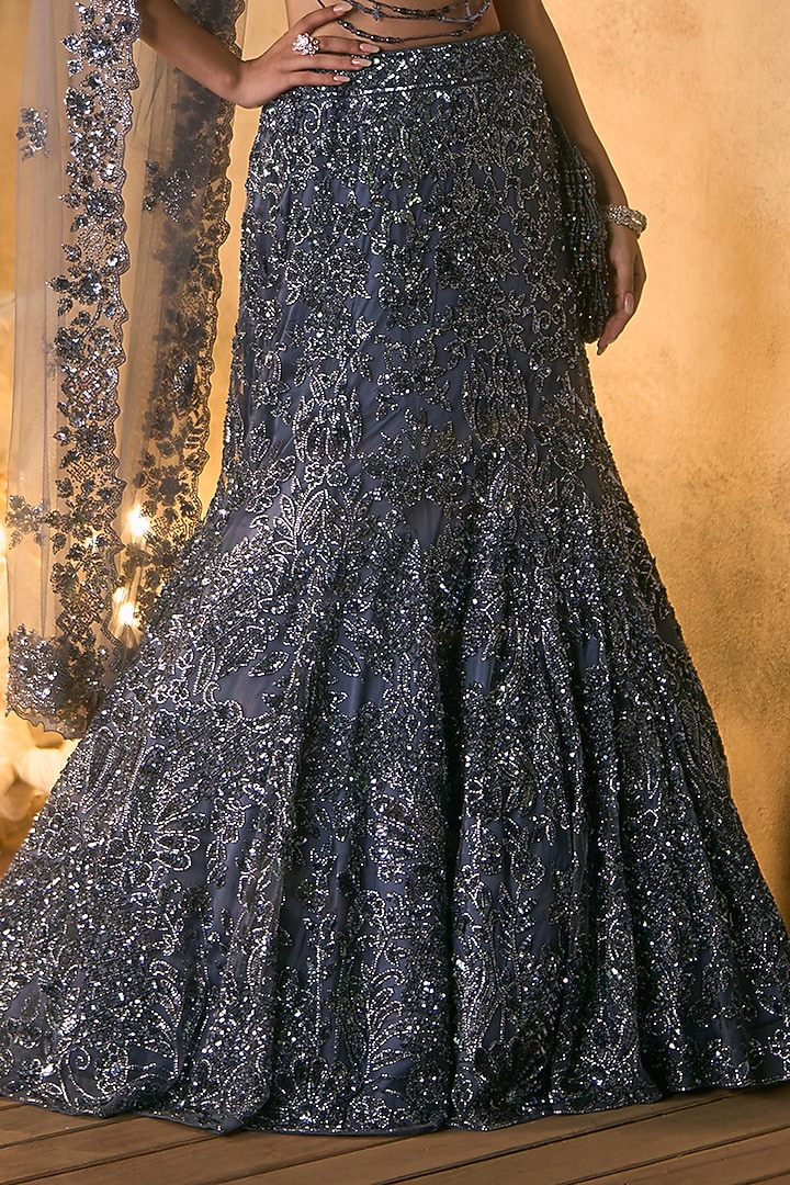 Elephant Grey Net Crystal Embroidered Bridal Bridal Lehenga Set by Angad Singh at Pernia's Pop Up Shop
