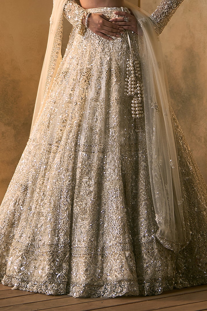 Dusty Ivory Net Embroidered Bridal Bridal Lehenga Set by Angad Singh at Pernia's Pop Up Shop