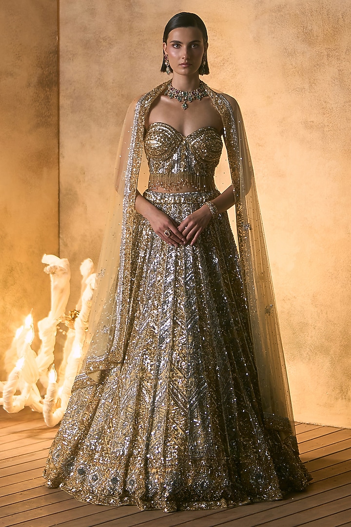Gold Net Crystal & Sequin Embroidered Bridal Bridal Lehenga Set by Angad Singh at Pernia's Pop Up Shop