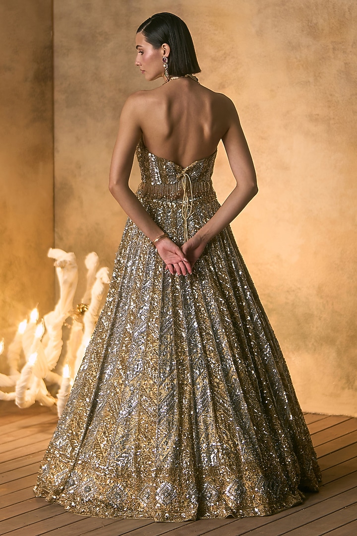 Gold Net Crystal & Sequin Embroidered Bridal Bridal Lehenga Set by Angad Singh at Pernia's Pop Up Shop
