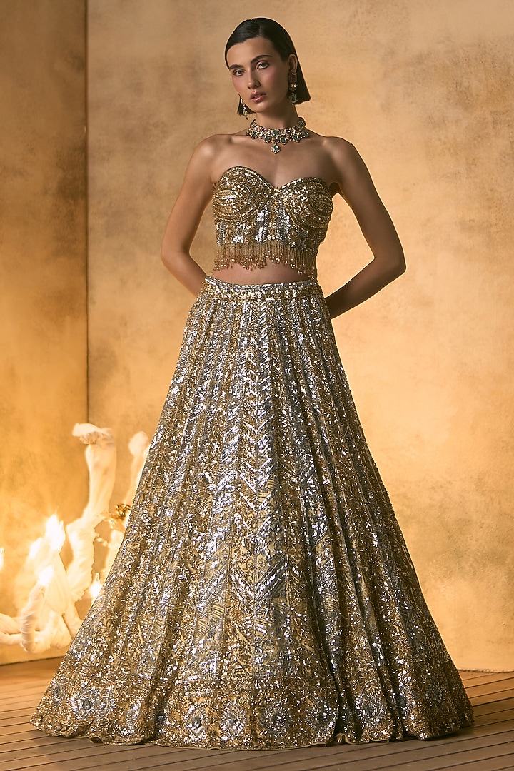Gold Net Crystal & Sequin Embroidered Bridal Bridal Lehenga Set by Angad Singh at Pernia's Pop Up Shop