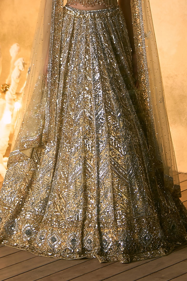 Gold Net Crystal & Sequin Embroidered Bridal Bridal Lehenga Set by Angad Singh at Pernia's Pop Up Shop