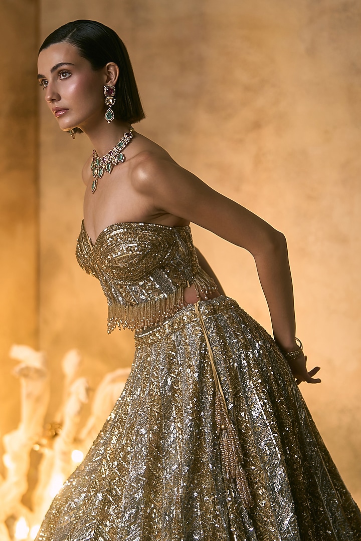 Gold Net Crystal & Sequin Embroidered Bridal Bridal Lehenga Set by Angad Singh at Pernia's Pop Up Shop