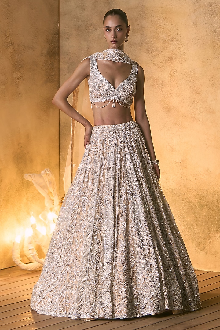 Nude Gold Net Sequin Embroidered Bridal Bridal Lehenga Set by Angad Singh at Pernia's Pop Up Shop