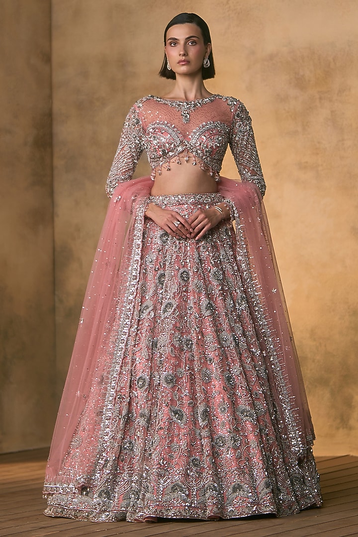 Carrot Pink Net Motif Embroidered Bridal Bridal Lehenga Set by Angad Singh at Pernia's Pop Up Shop