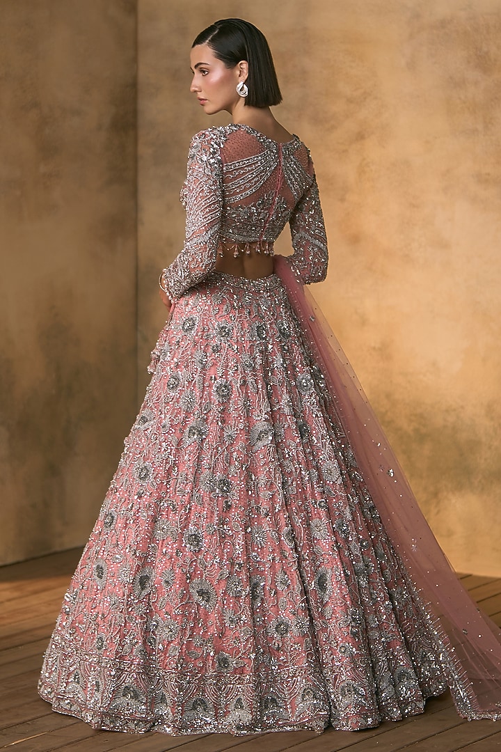Carrot Pink Net Motif Embroidered Bridal Bridal Lehenga Set by Angad Singh at Pernia's Pop Up Shop