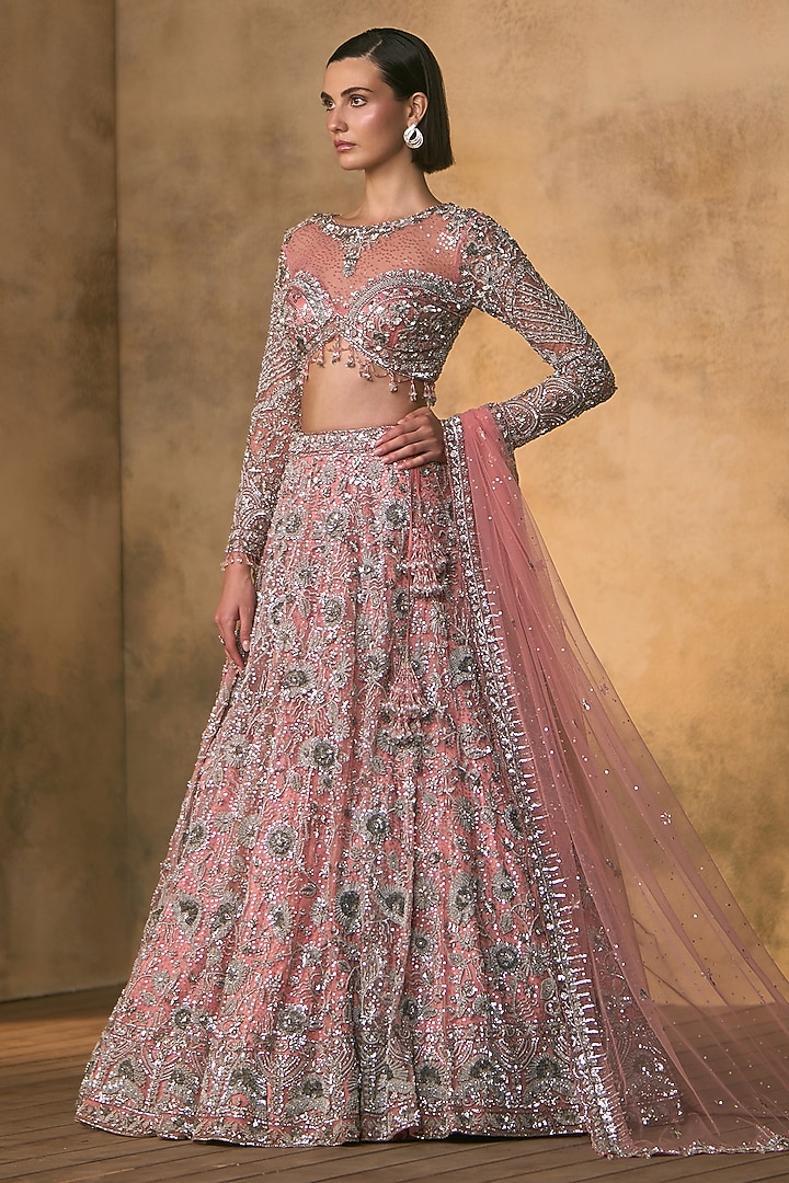 Carrot Pink Net Motif Embroidered Bridal Bridal Lehenga Set by Angad Singh at Pernia's Pop Up Shop