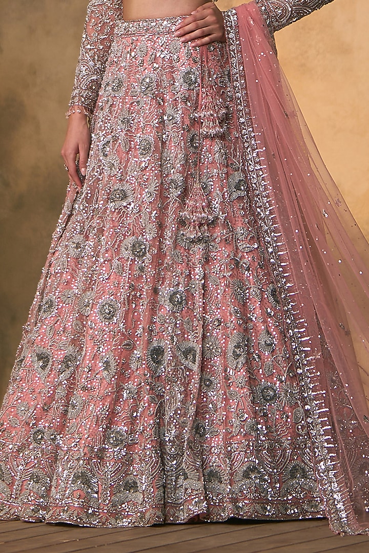 Carrot Pink Net Motif Embroidered Bridal Bridal Lehenga Set by Angad Singh at Pernia's Pop Up Shop