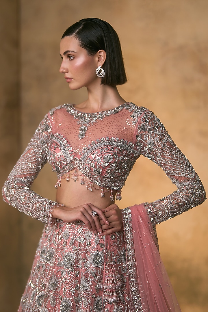 Carrot Pink Net Motif Embroidered Bridal Bridal Lehenga Set by Angad Singh at Pernia's Pop Up Shop
