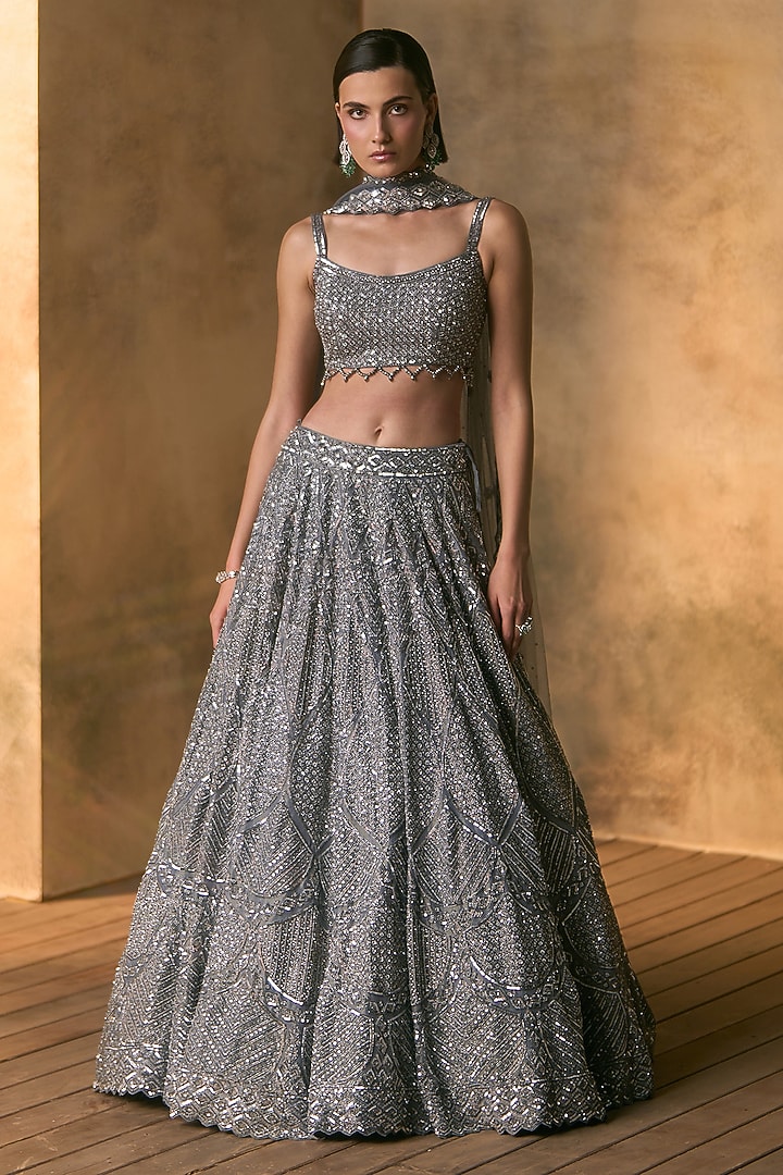 Steel Grey Tissue Sequin Embroidered Bridal Bridal Lehenga Set by Angad Singh at Pernia's Pop Up Shop