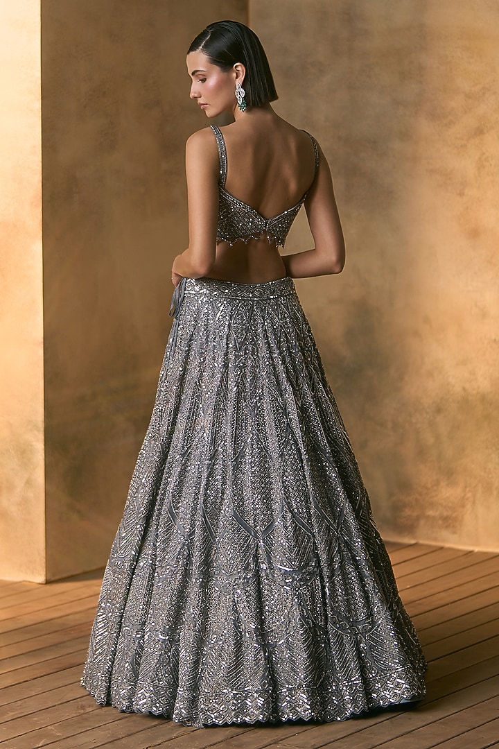 Steel Grey Tissue Sequin Embroidered Bridal Bridal Lehenga Set by Angad Singh at Pernia's Pop Up Shop