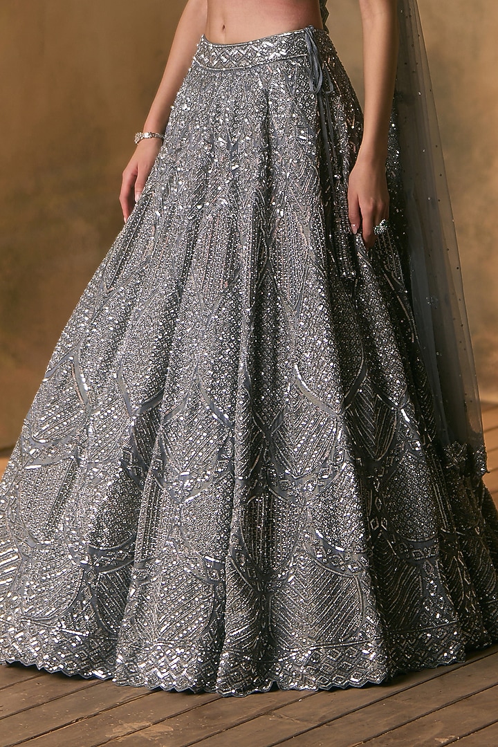 Steel Grey Tissue Sequin Embroidered Bridal Bridal Lehenga Set by Angad Singh at Pernia's Pop Up Shop