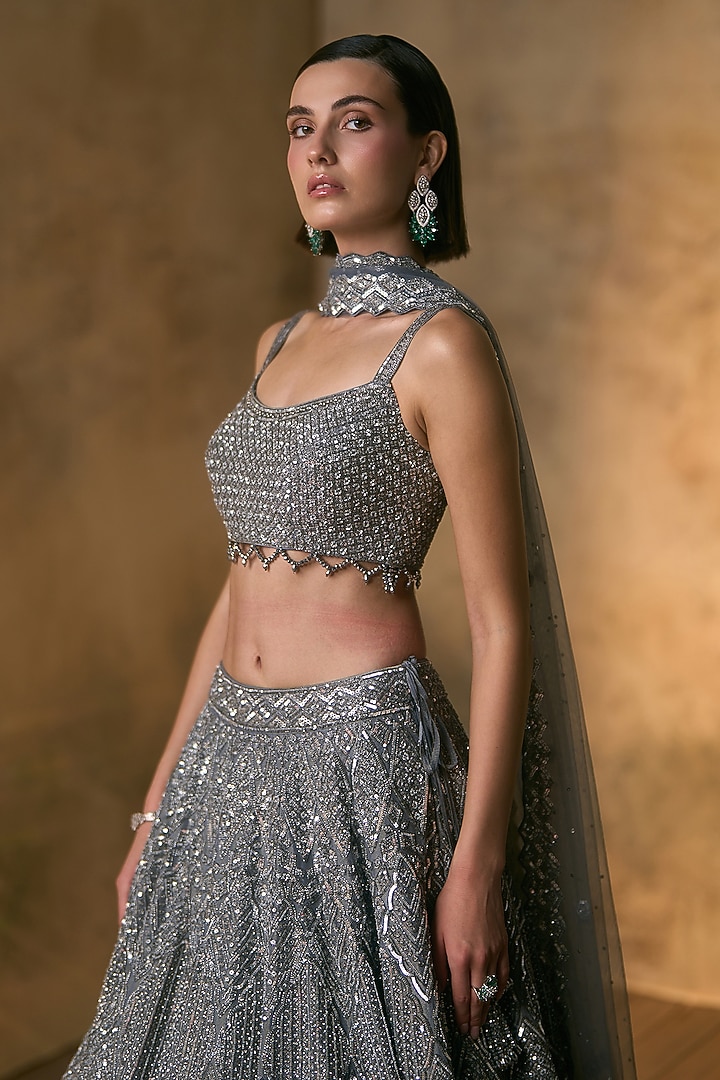 Steel Grey Tissue Sequin Embroidered Bridal Bridal Lehenga Set by Angad Singh at Pernia's Pop Up Shop