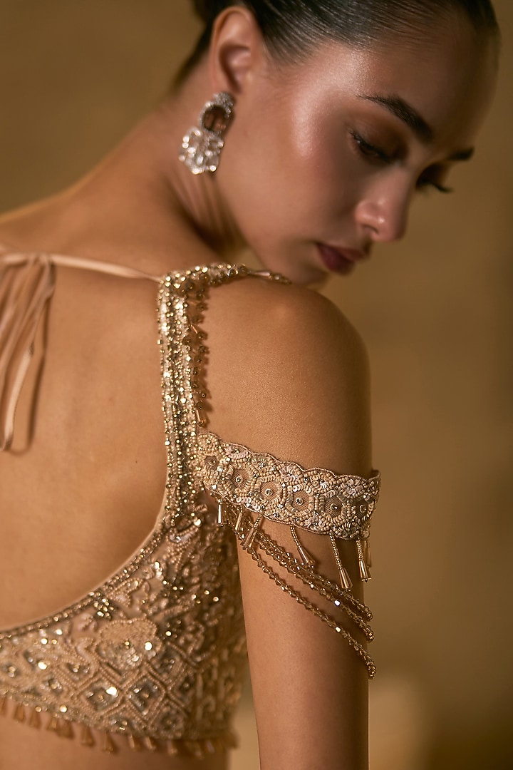 Peach Net Crystal Embroidered Bridal Bridal Lehenga Set by Angad Singh at Pernia's Pop Up Shop