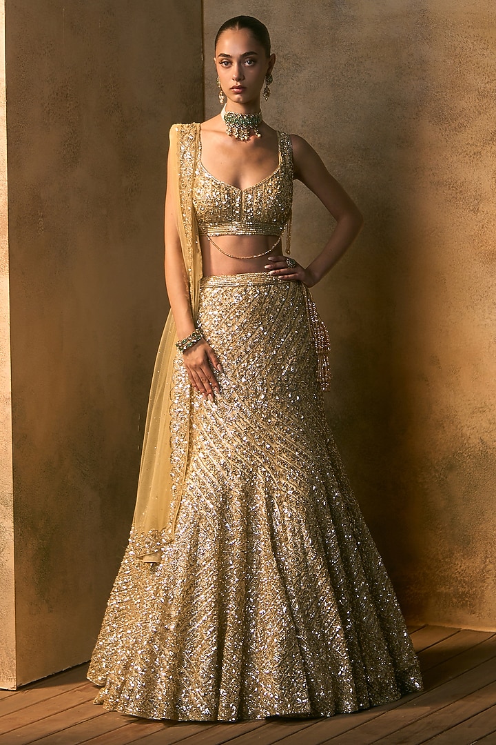 Gold Net Sequin Embroidered Bridal Bridal Lehenga Set by Angad Singh at Pernia's Pop Up Shop