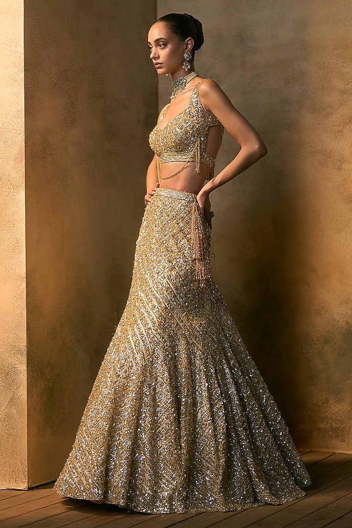 Gold Net Sequin Embroidered Bridal Bridal Lehenga Set by Angad Singh at Pernia's Pop Up Shop