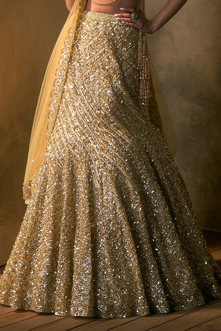 Gold Net Sequin Embroidered Bridal Bridal Lehenga Set by Angad Singh at Pernia's Pop Up Shop