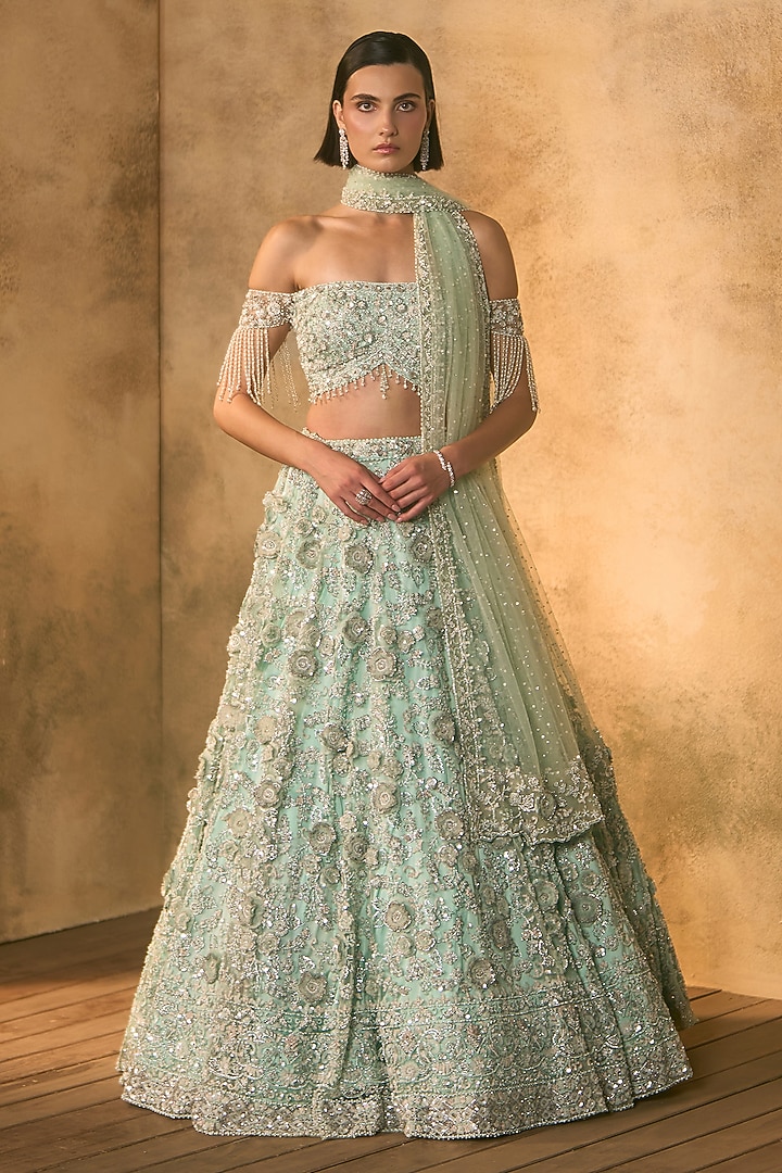 Tiffany Blue Net Pearl Embroidered Bridal Bridal Lehenga Set by Angad Singh at Pernia's Pop Up Shop