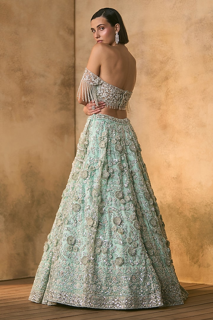 Tiffany Blue Net Pearl Embroidered Bridal Bridal Lehenga Set by Angad Singh at Pernia's Pop Up Shop
