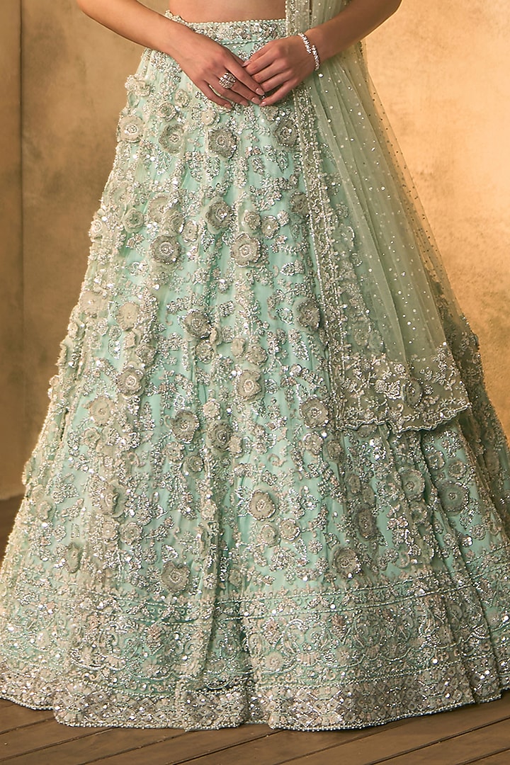 Tiffany Blue Net Pearl Embroidered Bridal Bridal Lehenga Set by Angad Singh at Pernia's Pop Up Shop