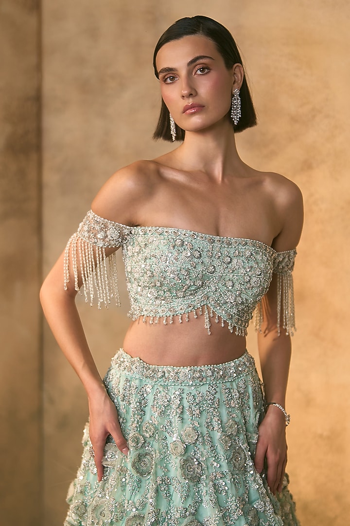 Tiffany Blue Net Pearl Embroidered Bridal Bridal Lehenga Set by Angad Singh at Pernia's Pop Up Shop