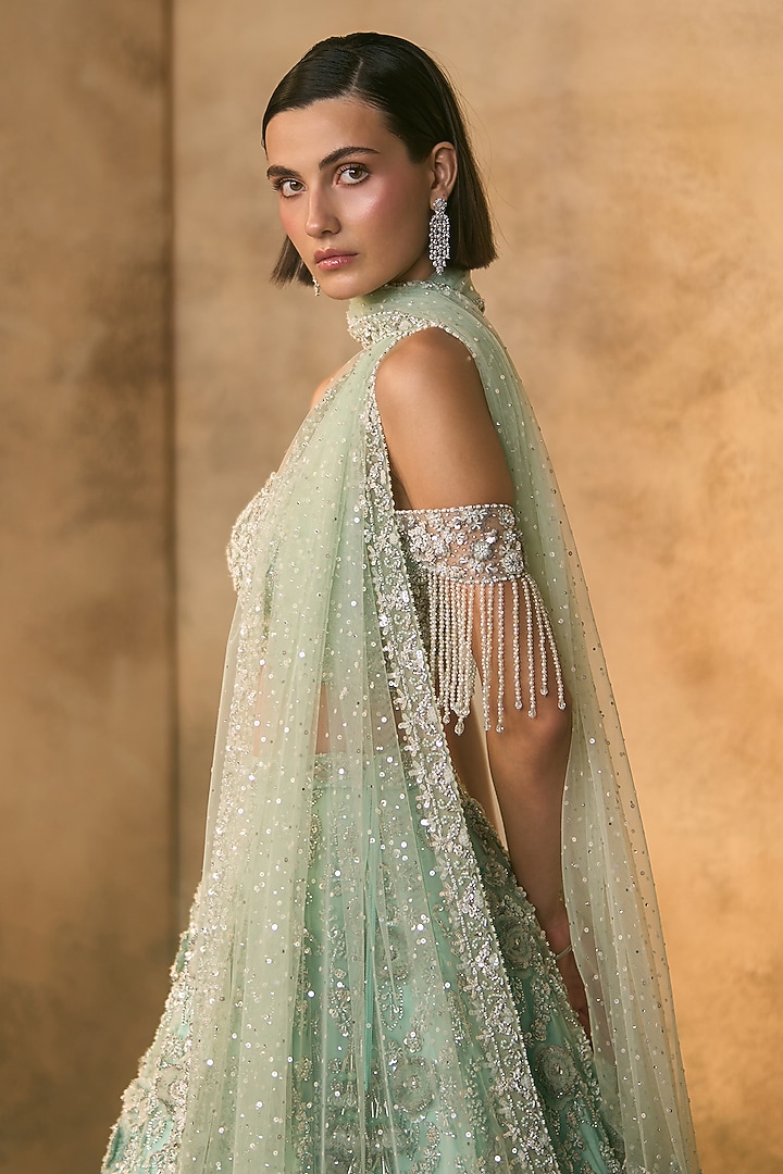 Tiffany Blue Net Pearl Embroidered Bridal Bridal Lehenga Set by Angad Singh at Pernia's Pop Up Shop